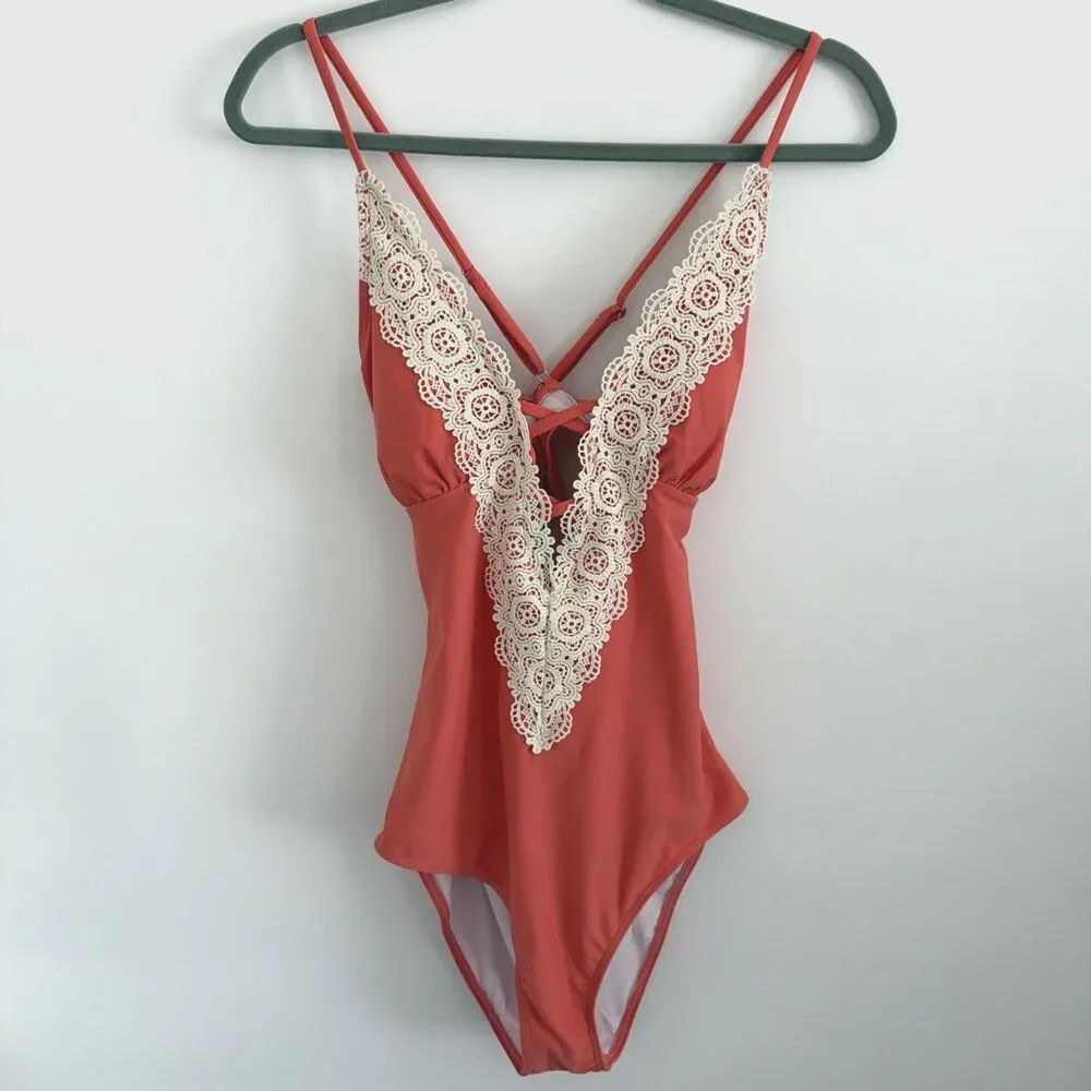 CUPSHE Womens Sz M One Piece Swimsuit Peach Coral Floral Lace Crochet Boho EUC